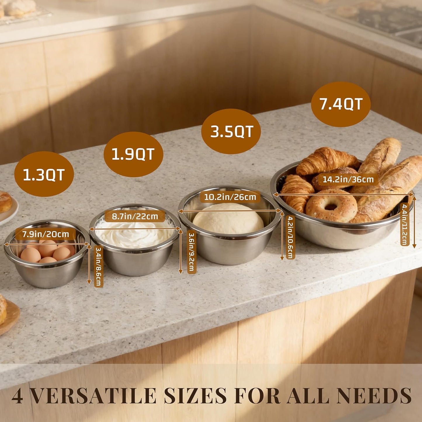 Mixing Bowls Set of 3 Stainless Steel, 7.9″ 10.2″ 14.2″ Metal Bowls for Baking Dough Salad Kitchen