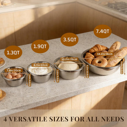 Mixing Bowls Set of 3 Stainless Steel, 7.9″ 10.2″ 14.2″ Metal Bowls for Baking Dough Salad Kitchen