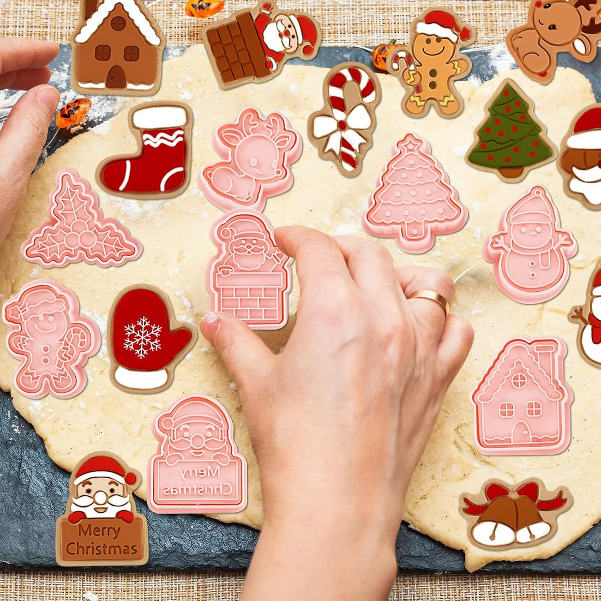 24 Pieces Christmas Cookie Stamps Gingerbread Cookie Cutters Xmas Embossing Santa Claus Elk Snowman Shapes 3D Plastic Cookie Molds for Baking Holiday Party Supplies