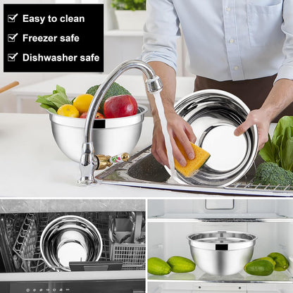 E-far Mixing Bowls With Lids Sets of 5, 10-Piece Stainless Steel Salad Metal Nesting Bowl for Baking Cooking and Prepping, Airtight Lid & Stackable Design, Size 4.6, 3, 2.1, 1.5, 0.7 QT, Black