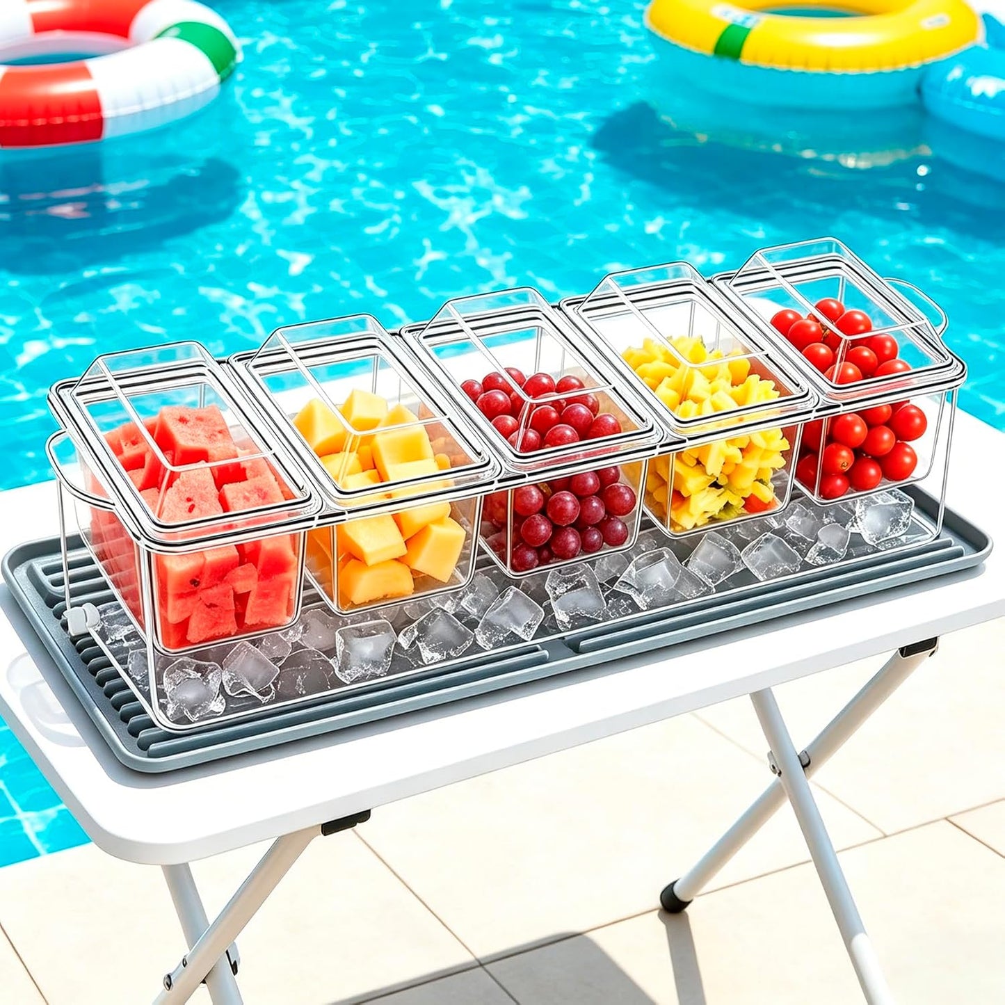Chilled Condiment Caddy, 5 Containers with Secure Lids, Drain Plug & Gray Silicone Mat, Holds 80 oz Ice. Large Taco Bar Serving Set, Multi-Use for Mimosa Bar, Salad, Fruit, Party Garnishes