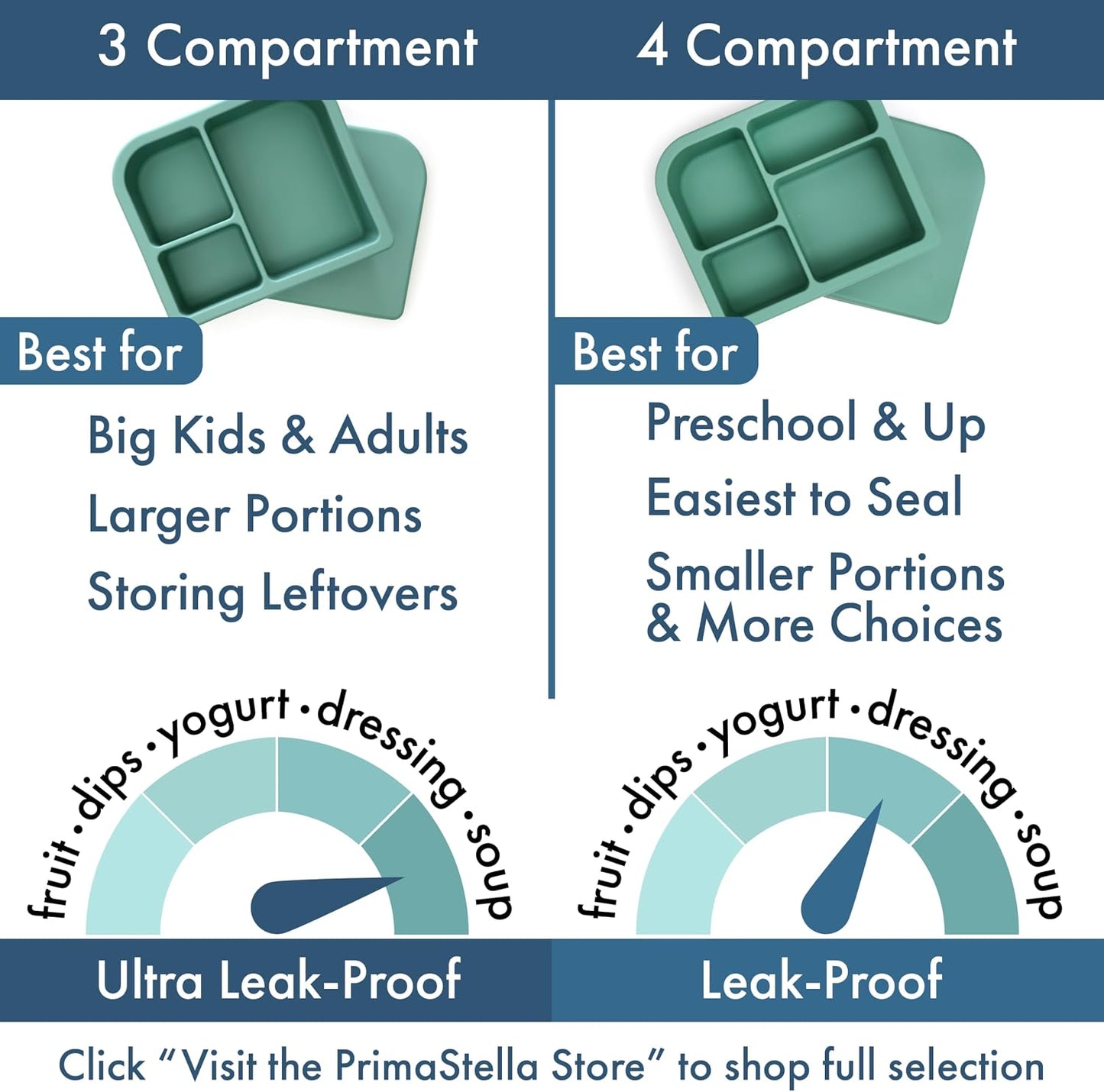PrimaStella Unbreakable Silicone Lunch Box for Kids and Adults - Divided Leak Proof Bento Box (Slate Blue)