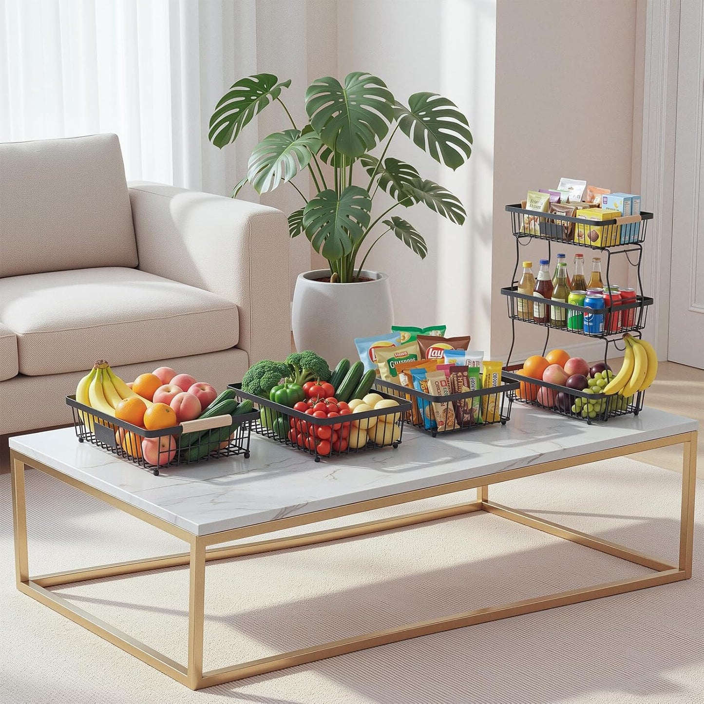 Fruit Basket Bowl 2 Tier Detachable with 2 Banana Hangers, Fruit Stand Holder for Kitchen Countertop, Metal Wire Vegetable Storage Organizer, for Bread Snack Veggies Produce, Black