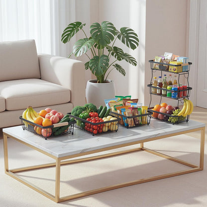 Fruit Basket Bowl 2 Tier Detachable with 2 Banana Hangers, Fruit Stand Holder for Kitchen Countertop, Metal Wire Vegetable Storage Organizer, for Bread Snack Veggies Produce, Black