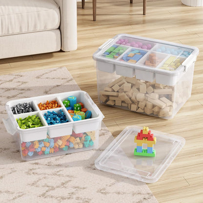 40Qt Stackable Storage Bins with Lids & Trays, Clear Plastic Latching Boxes Organizers with Dividers Portable 10Gal Containers for Arts & Crafts, Home and Car Trunk Organization, 2Pack