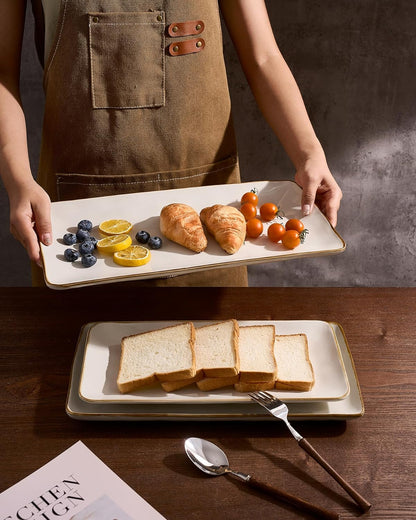 Famiware Serving Platter, Rectangular 15.67/14.1/12.6inch Serving Dishes for Entertaining, Microwave Dishwasher Safe, Stoneware Serving Trays for Party, Turkey, Cheese, Ocean Series, Cappuccino White