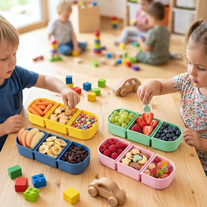 Silicone Reusable Snack Containers with Lids, 4 Pack 3 Compartment Bento Snack Boxes, Leakproof Food Storage Containers for Meal Prep, Lunch, Fruits, Kids & Adults, Dishwasher Safe