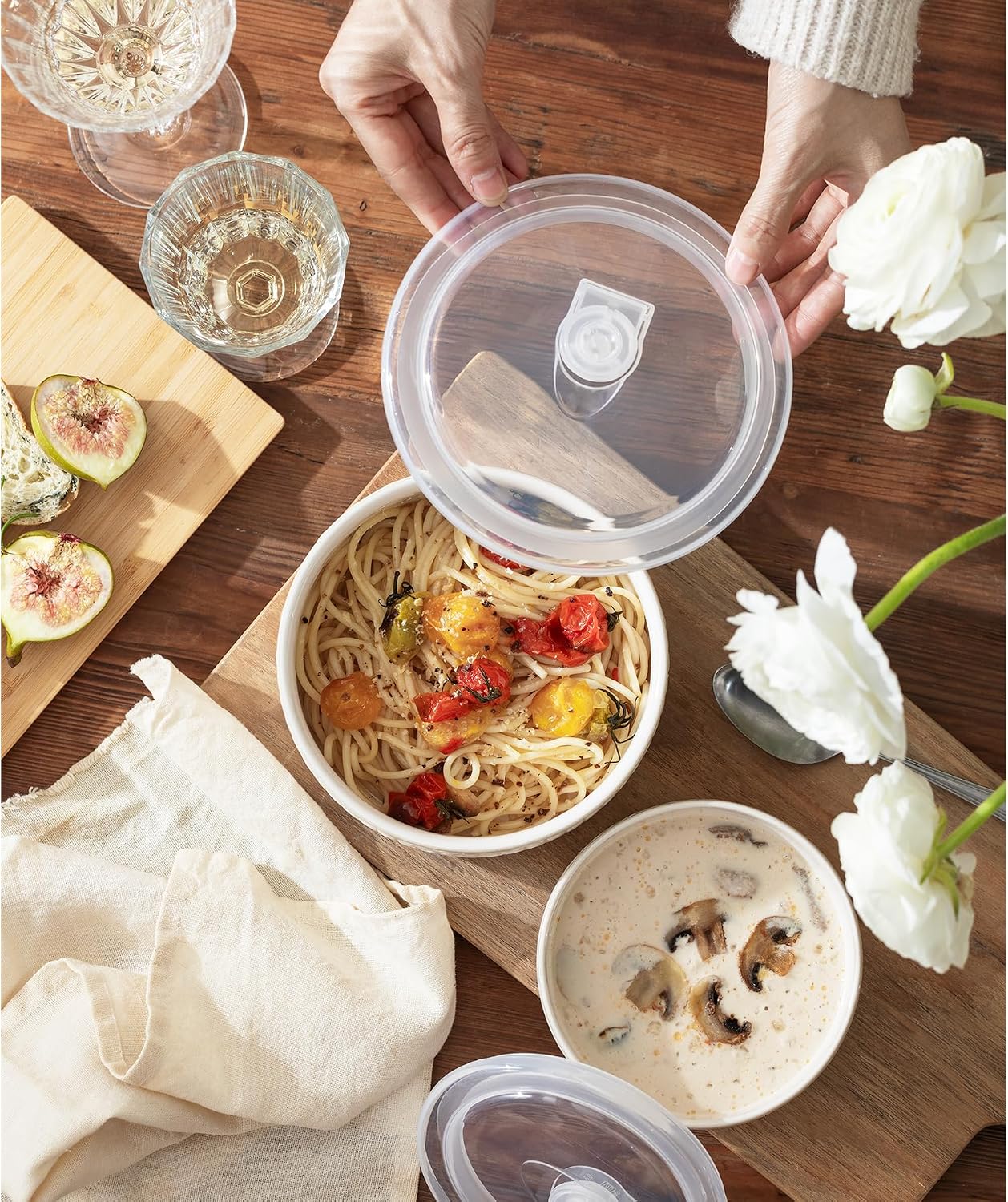 Mixing Bowls with Lids Set of 4, Ceramic Nesting Bowls, Embossed Mixing Bowl Set for Food Storage, Prep Bowl, Gift, Microwave and Dishwasher Safe, 10/18/33/50 OZ, Off-White