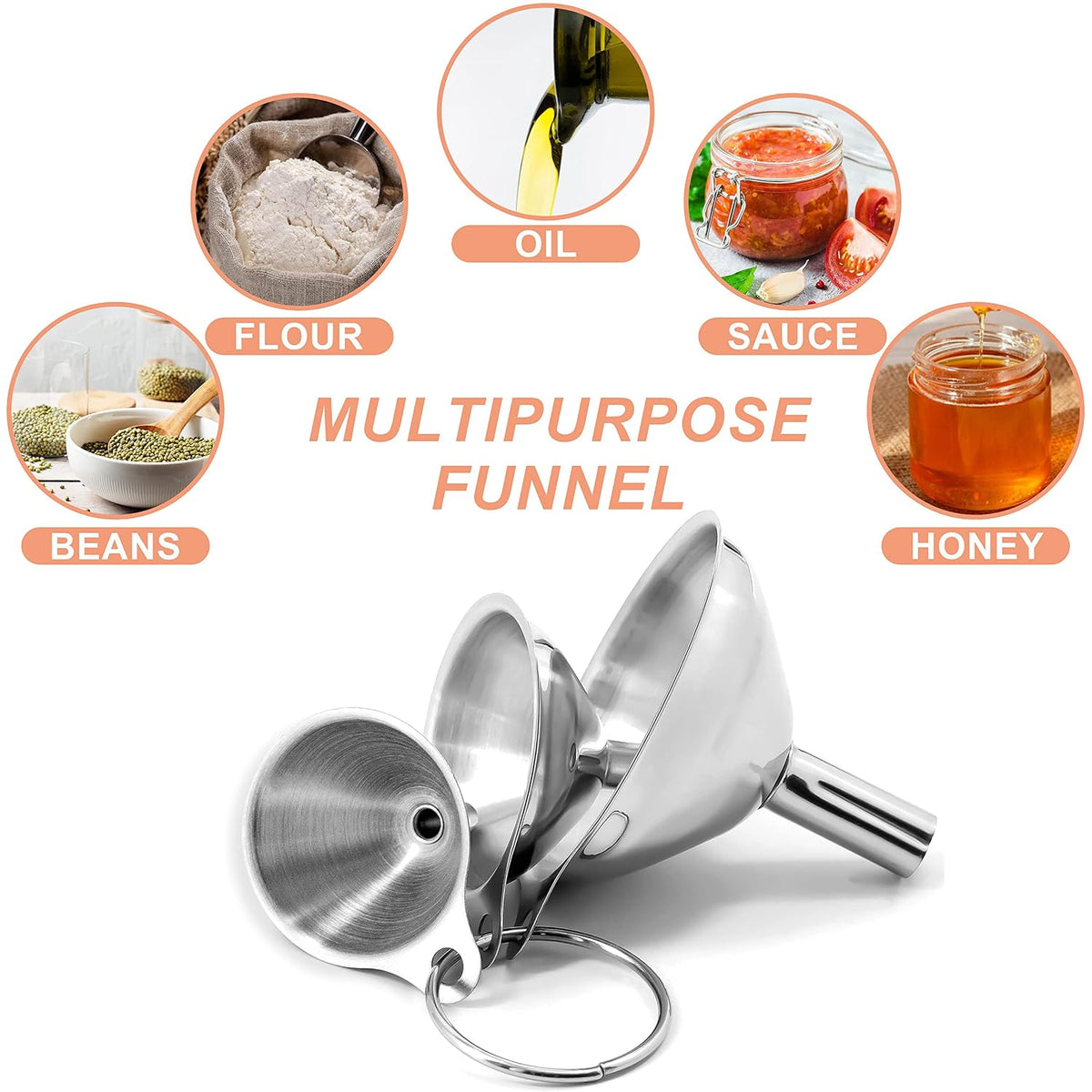 Anaeat Stainless Steel Mini Kitchen Funnel Set, Durable Metal Filling Funnels for Transferring Liquid, Dry ingredients, Cosmetic Lotion, Fluid, Spices, Powder - Food-Grade & High Heat Resistant