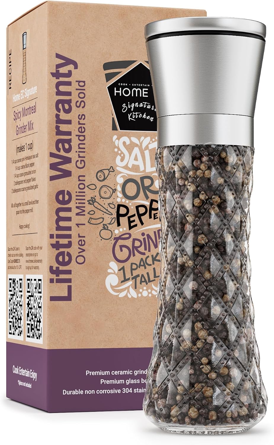 Home EC Premium Stainless Steel Sea Salt and Pepper Grinder Set of 2 - Adjustable Ceramic - Tall Glass Salt and Pepper Shakers - Kitchen Spice Mill W/Funnel & EBook