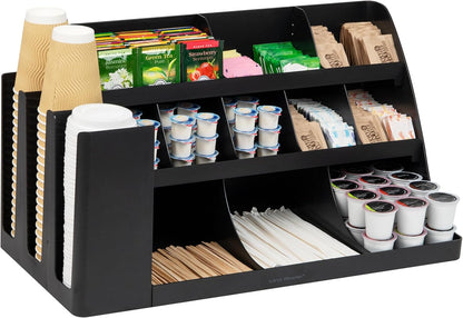 Mind Reader Cup and Condiment Station, Breakroom Countertop Organizer, 3-Tier Storage for Office Coffee Stations and Shared Spaces, Metal Mesh, Black