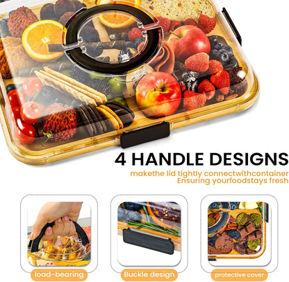 Charcuterie Board with Clear Lid, Portable 6-Compartment Cheese & Snack Tray, Reversible Bamboo Cutting Board, Secure Latch Closure for Picnics, Parties & Light Travel, Housewarming Gift
