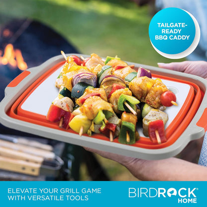 BIRDROCK HOME Collapsible Large BBQ Prep Tub w/Cutting Board, Multi-Function Grill Caddy w/Colander & Lid, Portable Silicone Dish Bowl for Picnic, Tailgate, Camping - Black