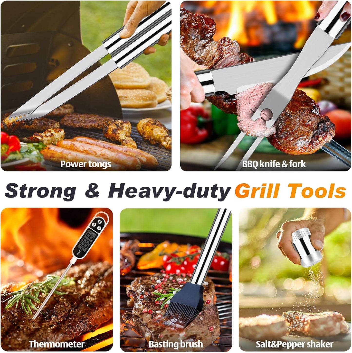 ROMANTICIST 26pcs Grilling Gifts for Men, Dad Gifts for Father's Day, Stainless Steel BBQ Grill Accessories Tools Set, Heavy Duty BBQ Utensils Kit with Apron, Thermometer, Mats in Aluminum Case Brown