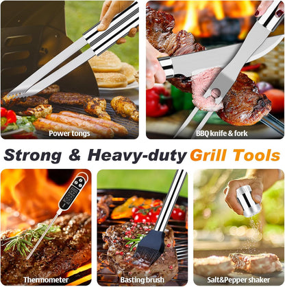 ROMANTICIST 26pcs Grilling Gifts for Men, Dad Gifts for Father's Day, Stainless Steel BBQ Grill Accessories Tools Set, Heavy Duty BBQ Utensils Kit with Apron, Thermometer, Mats in Aluminum Case Brown