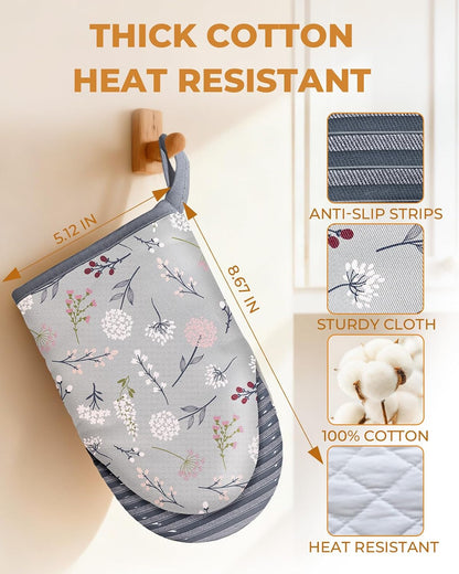 100% Thick Cotton Mini Oven Mitts Silicone Grip Lemon & Birds