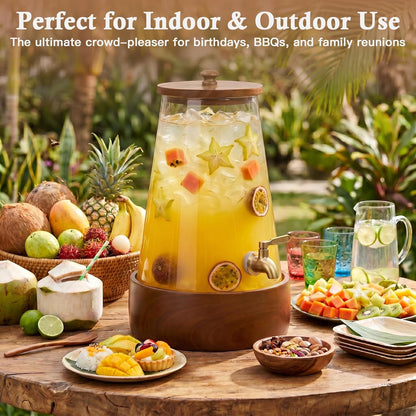 JOVGANK 1.7 Gallon (6.4L) Glass Drink Dispenser with Spigot & Wooden Base - Large Rustic Beverage Dispenser for Parties, Iced Tea, Lemonade, Sangria - Leakproof Drink Pitcher with Base and Lid