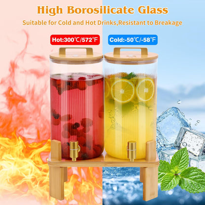 1.5 Gallon Glass Drink Dispensers for Parties, 2 PCS Beverage Dispenser With Wood Stand,Vertical Stripes Glass Lemonade Dispenser with Airtight Valve and Stainless Steel Spigot for Lemonade,Juice, Tea