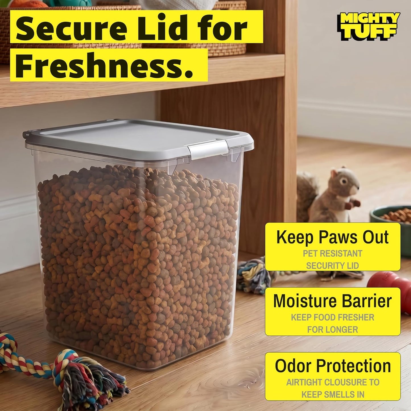 Mighty Tuff 20 lb Dog Food Container, Cat Food Storage Bin Airtight with Stainless Steel Latch, Clear Plastic Pet Container with Lid for Kitchen Pantry Organization