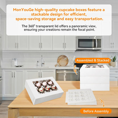3-Set Cupcake Boxes Bulk with Clear Display Window Hold 12 Standard Cupcakes, Disposable Food Grade White Cupcake Carrier Cupcake Container, Perfect for Cupcakes Muffins Cookies Pastries
