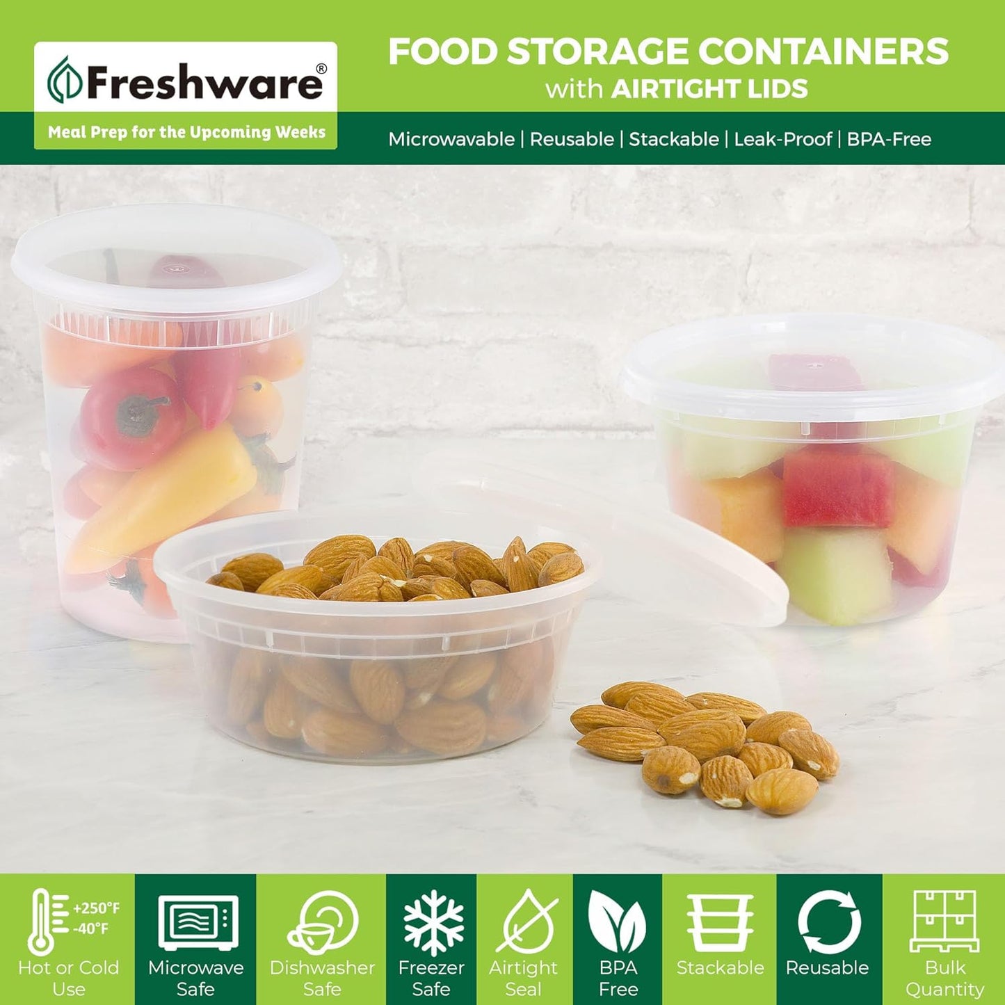 Freshware Food Storage Containers [24 Set] 32 oz Plastic Deli Containers with Lids, Slime, Soup, Meal Prep Containers, BPA Free, Stackable, Leakproof, Dishwasher and Freezer Safe, Translucent