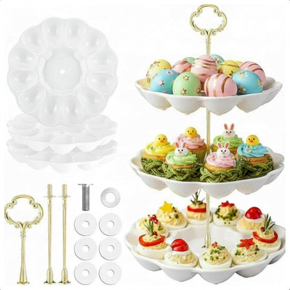 Potchen Multi Tier Ceramic Deviled Egg Platter Deviled Egg Tray Container, Detachable Eggs Holder Tower Wedding Party Food Container for Kitchen Countertop Microwave Dishwasher Freezer(Flower,3 Tier)
