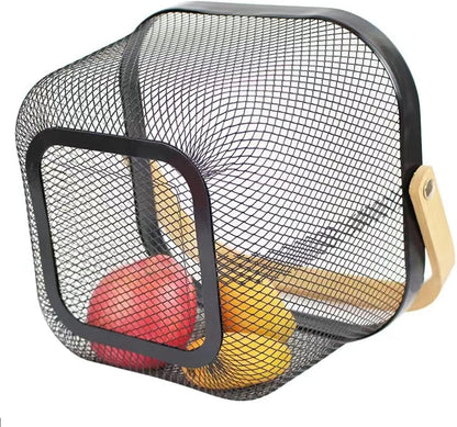 AJIODA 2 Pack Metal Mesh Steel Basket, Storage Organizer Basket Multi-function Hanging Kitchen Baskets Fruit Basket Bin with Wood Handle for Kitchen Bathroom Picnic Cabinet Home Decor, White