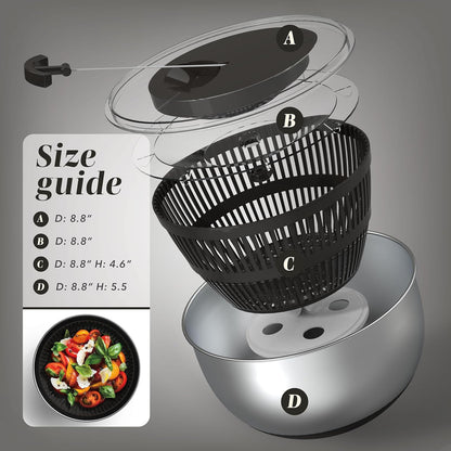 COOK WITH COLOR Stainless Steel Salad Spinner - 5 Qt. Lettuce Washer And Vegetable Spinner Dryer for Easy Salad Prep - Non Slip Base with Pull Handle - Auto Stop Brake System, Stain and Odor Resistant