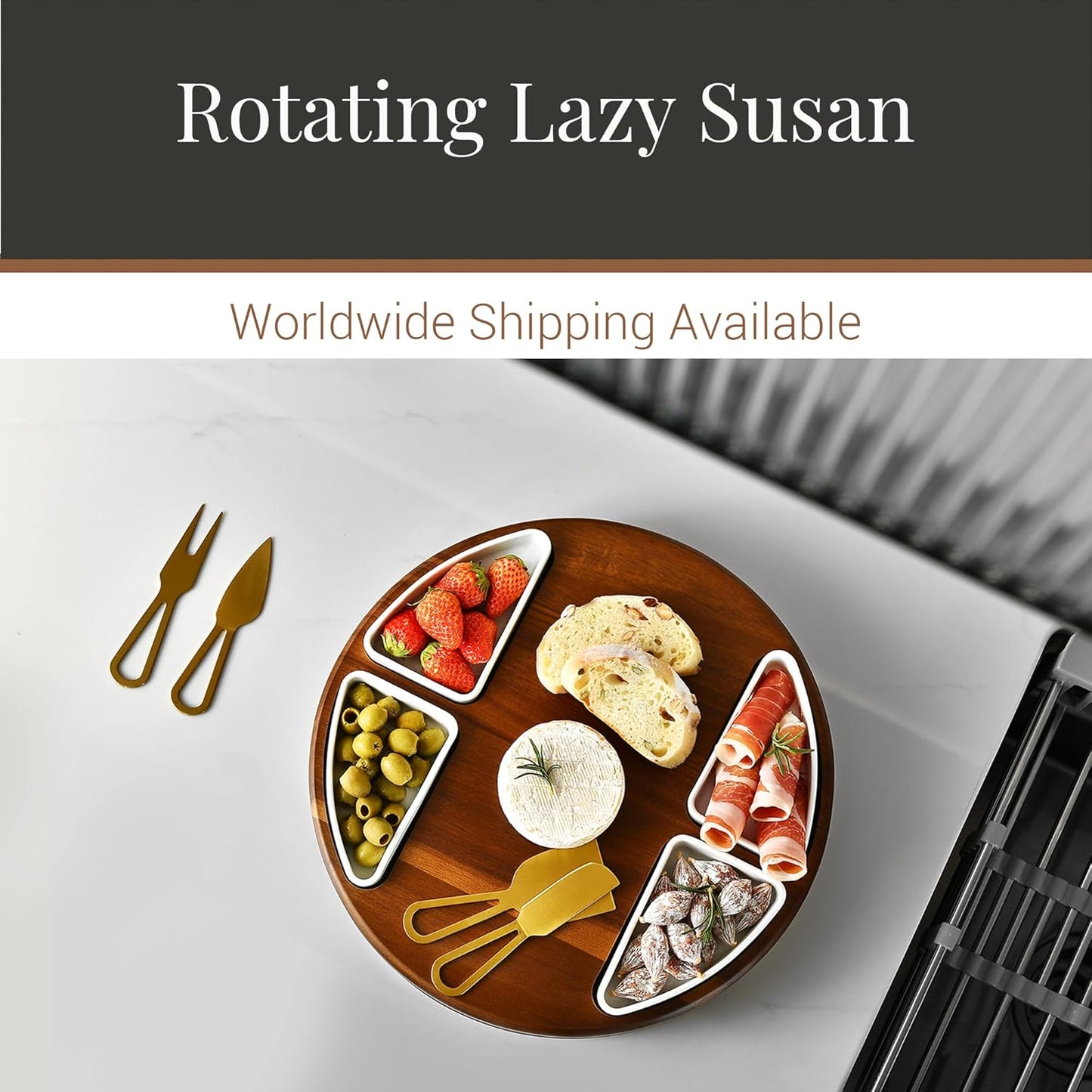 Shanik Acacia Wood Lazy Susan Cheese Board Set – Rotating Charcuterie Platter, Elegant Serving Tray for Appetizers, Snacks, Parties & Weddings