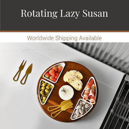 Shanik Acacia Wood Lazy Susan Cheese Board Set – Rotating Charcuterie Platter, Elegant Serving Tray for Appetizers, Snacks, Parties & Weddings