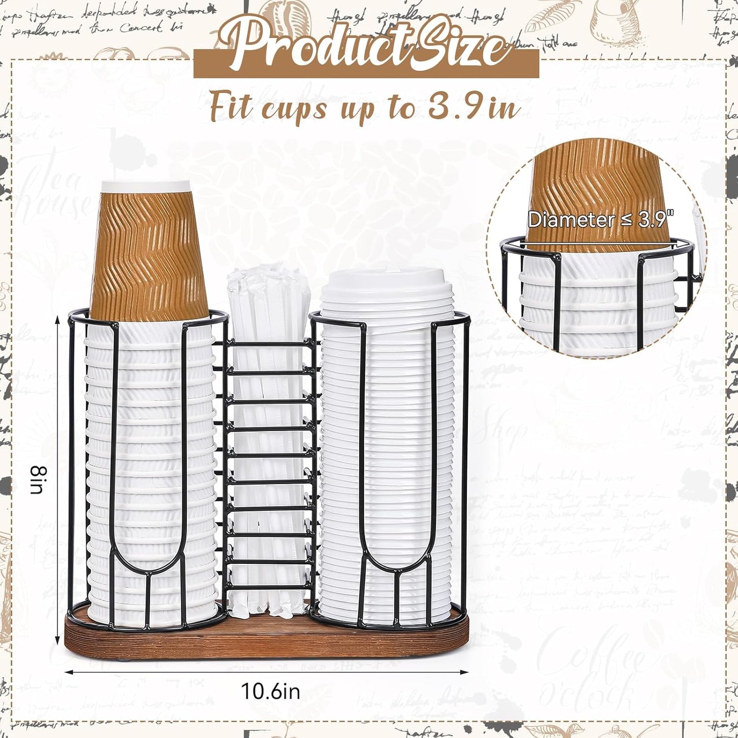 Coffee Cup Dispenser, 3 Compartment Disposable Cup and Lid Holder with Wood Base, Coffee Cup Organizer for Countertop Plastic Cup Station