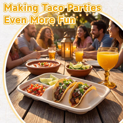 50 Pack Disposable Taco Plates for 2 Tacos & 2 Sides Fiesta Tacos Stand Holder Paper Plates with Dividers for Taco Bar Serving Party Supplies