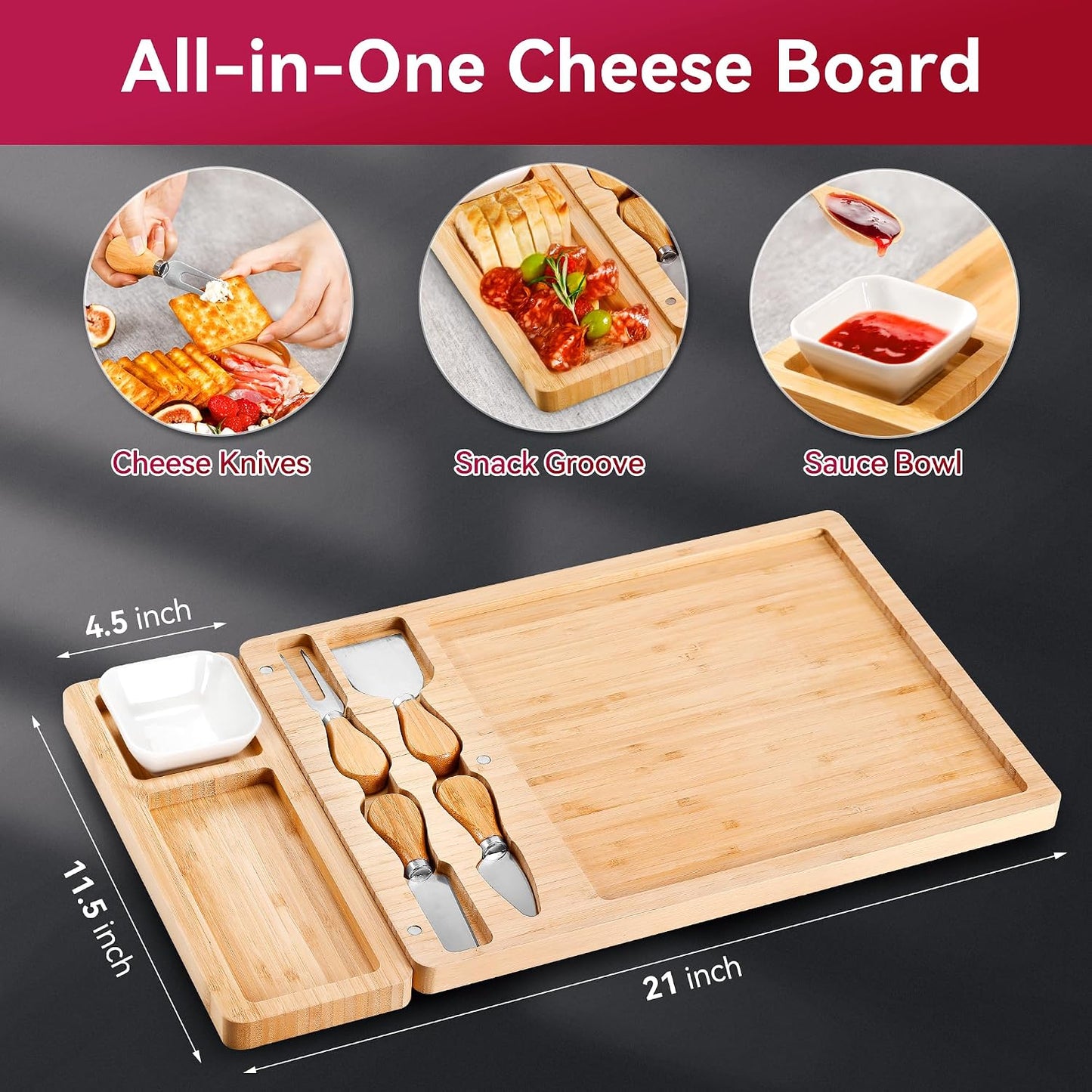 Easoger Large Bamboo Charcuterie Boards, Cheese Board and Knife Set - Unique Housewarming, Wedding and Bridal Gift