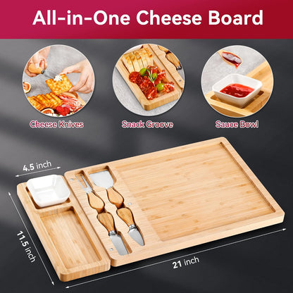 Easoger Large Bamboo Charcuterie Boards, Cheese Board and Knife Set - Unique Housewarming, Wedding and Bridal Gift
