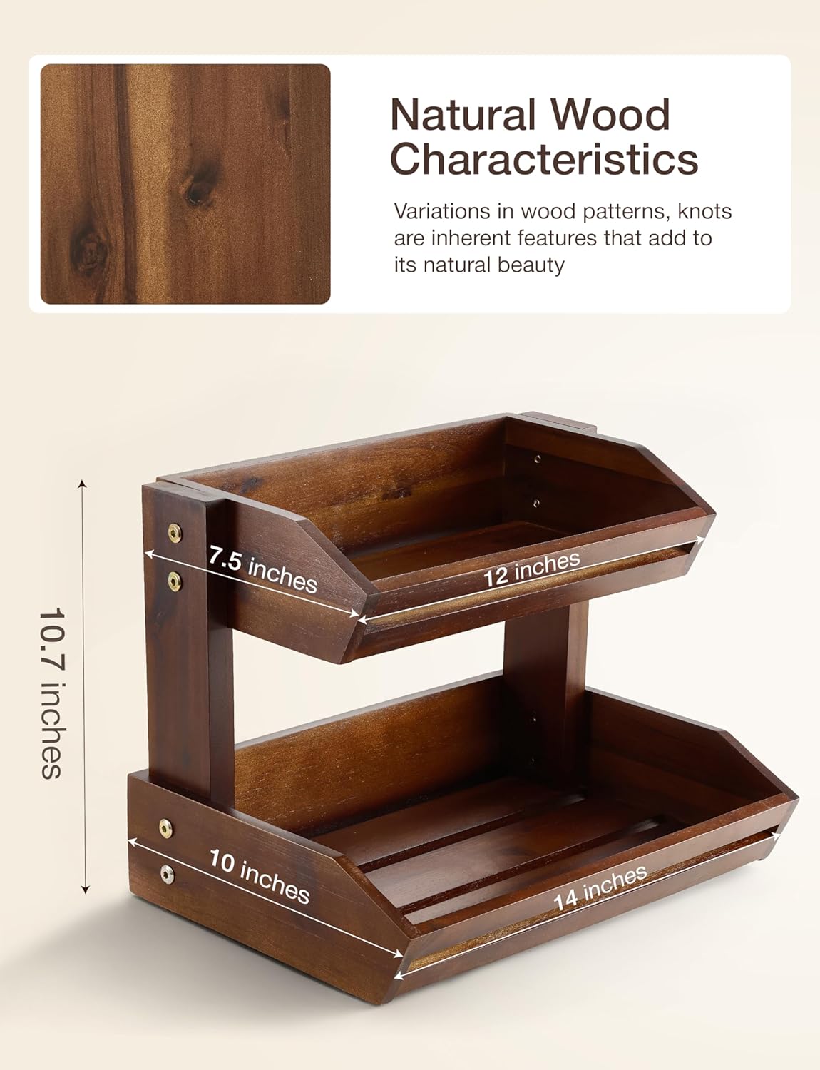 HOLANA Acacia 2 Tier Fruit Basket for Kitchen Counter Organizer – Wooden Fruit Bowl & Wooden Basket for Kitchen Counter Storage, Vegetable & Produce Storage, Snack Organizer for Countertop (Acacia)