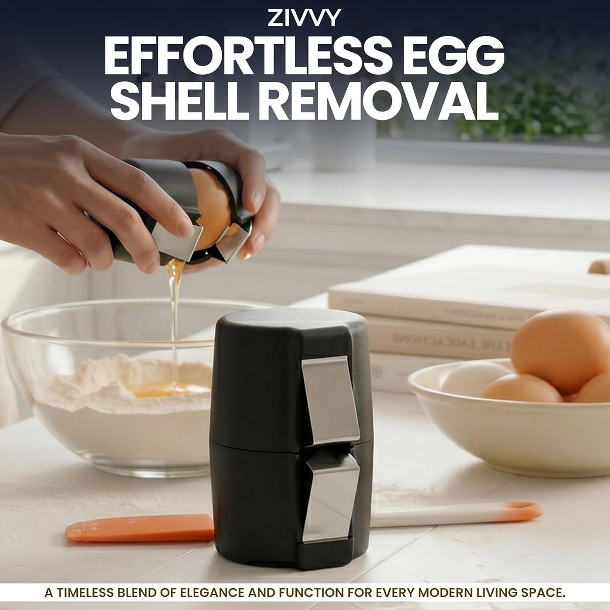 Egg Cracker & Egg Shell Opener Tool - Easy Egg Shell Cracker for Clean Shell Opening - Egg Opener & Kitchen Gadget for No Mess Breakfast & Meal Prep (Black)