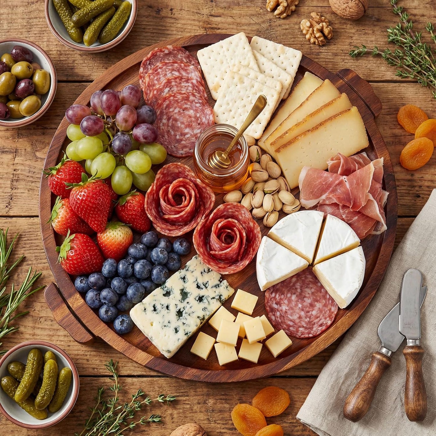 Charcuterie Board, 13.5" Rotation Acacia Wood Serving Tray with Clear Locking Lid Round Portable Lazy Susan Cheese Board Meat Fruit Tray Platter for Picnic, Housewarming Gift, Party Supplies