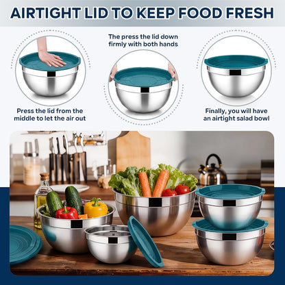 E-far Mixing Bowls With Lids Sets of 5, 10-Piece Stainless Steel Salad Metal Nesting Bowl for Baking Cooking and Prepping, Airtight Lid & Stackable Design, Size 4.6, 3, 2.1, 1.5, 0.7 QT, Black