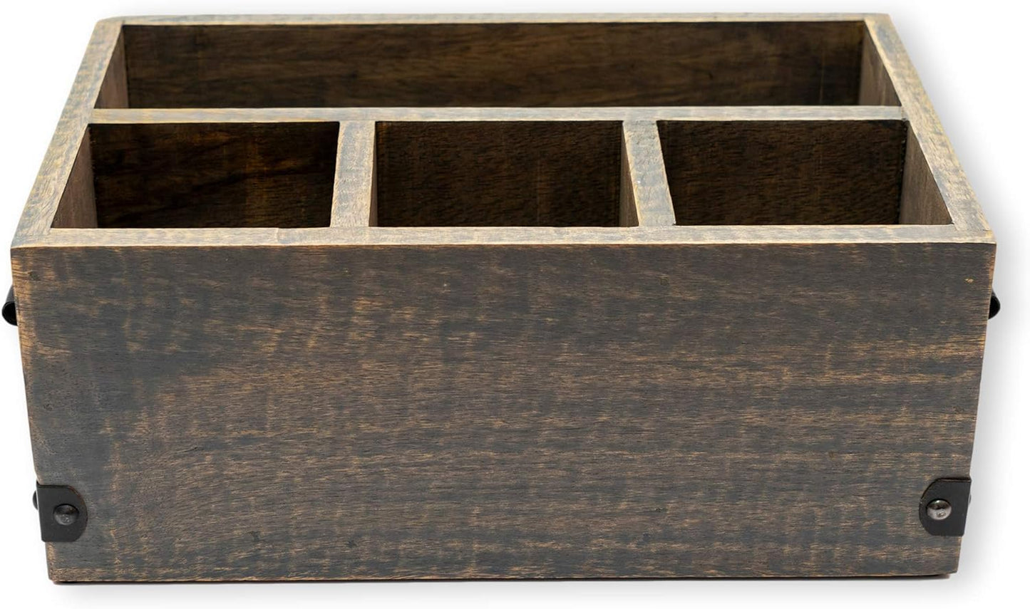 GoCraft 4-Compartment Flatware Caddy – Wooden Cutlery Holder with Napkin Holder, Silverware & Condiment Organizer, White Washed Mango Wood with Metal Handles, Perfect for Kitchen, Dining, and Picnics