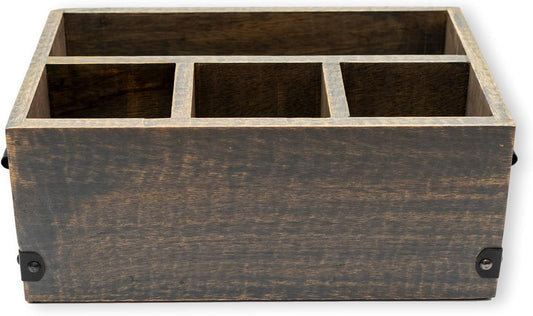 GoCraft 4-Compartment Flatware Caddy – Wooden Cutlery Holder with Napkin Holder, Silverware & Condiment Organizer, White Washed Mango Wood with Metal Handles, Perfect for Kitchen, Dining, and Picnics