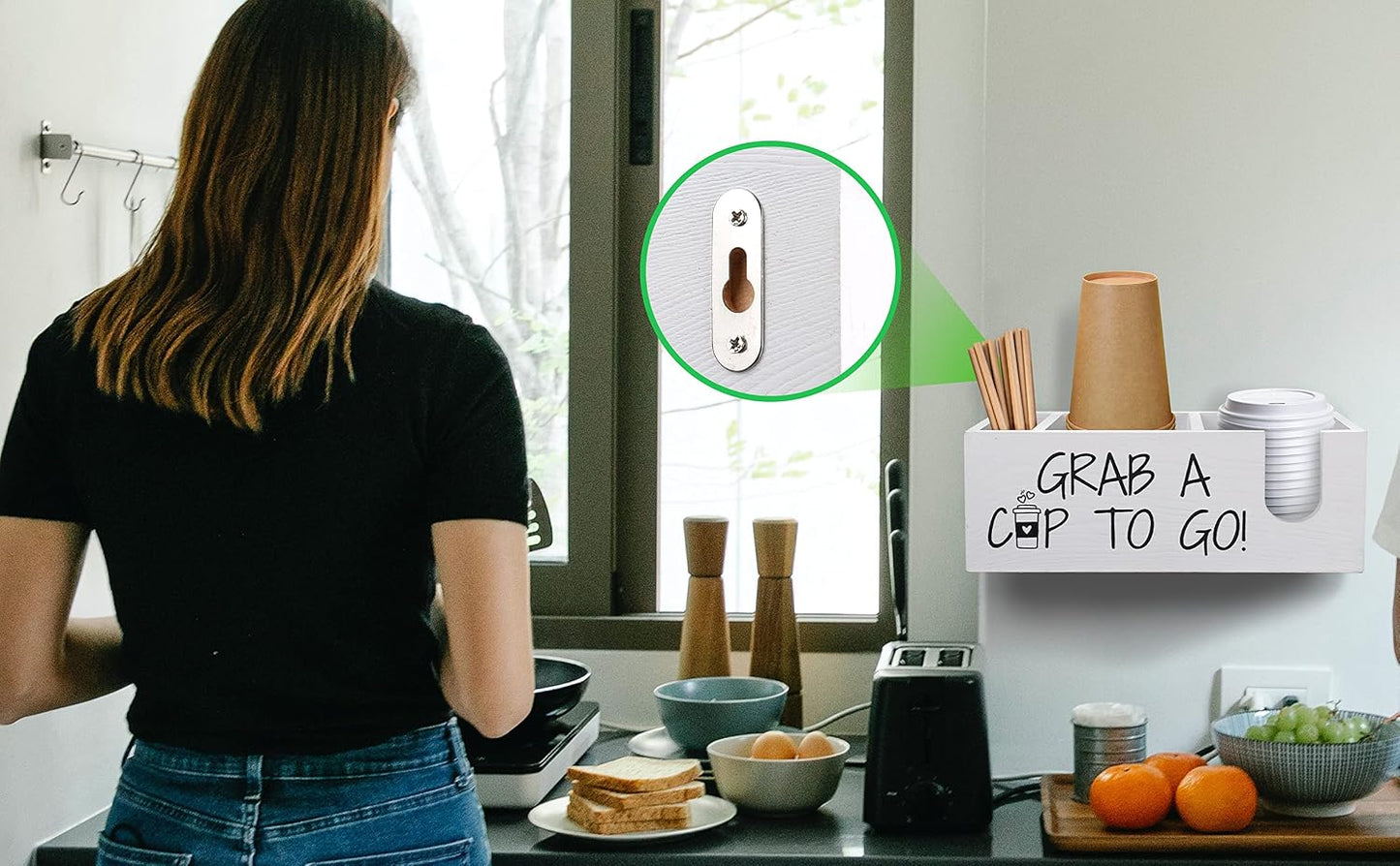 Coffee Station Organizer for Cup and lid Storage Box, Farmhouse Wood Coffee Bar Accessories Disposable Cup Holder for Counter Decor - Black
