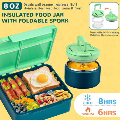 MAXSO Bento Lunch Box Set with 8 oz Soup Thermo, Kids Leakproof 4 Compartments Hot Food Container with Sauce Cup, Ice Pack and Lunch Bag, Child Insulated Food Jar for School - Black