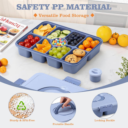 Snackle Box Container, Divided Serving Tray with Lid and Handle, 9 Compartments Snack Box Container for Adults, Portable Charcuterie Serving Platter for Candy Fruit, 9.9 Cups, White Grey