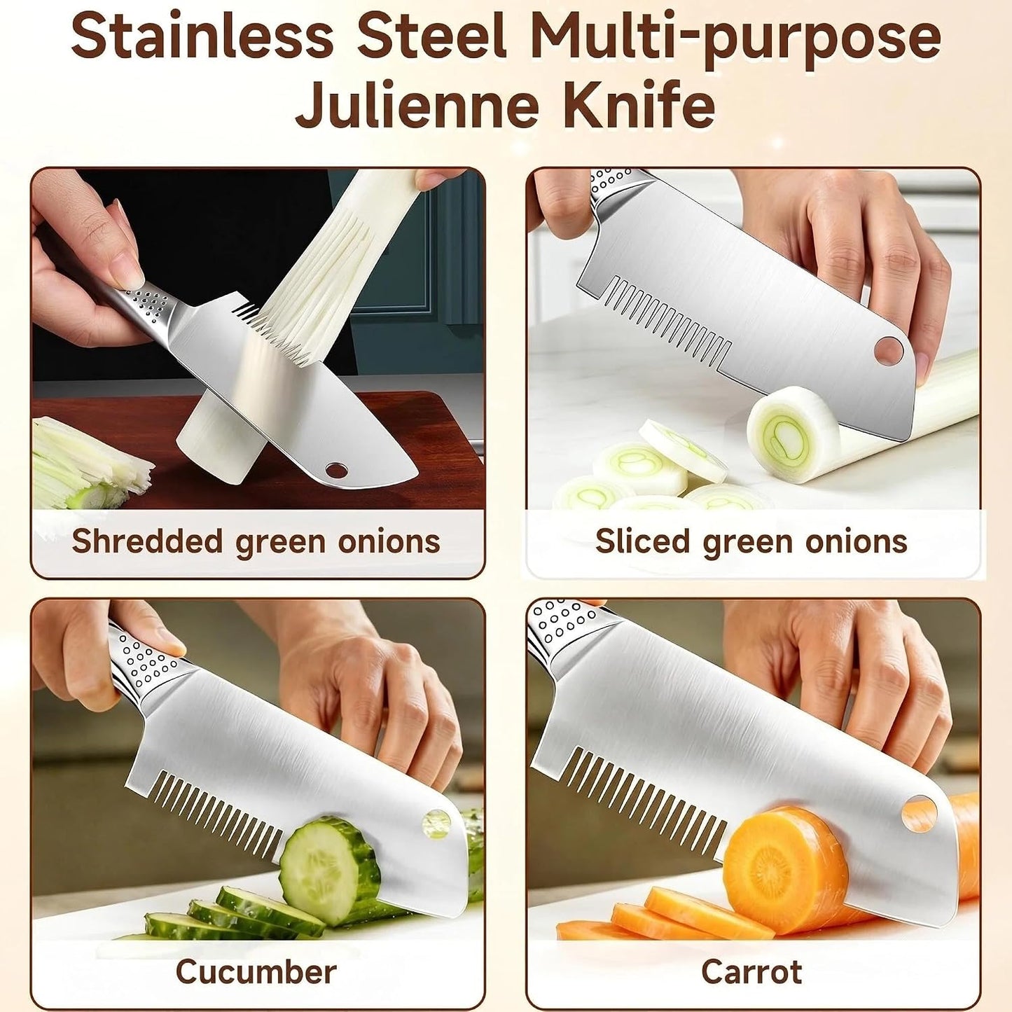 Stainless Steel Multi-Purpose Julienne Knife, 2-in-1 Green Onion Cutter&Vegetable Slicer, Precision Julienne Blade for Scallion Shredder, Ergonomic Kitchen Shredder Tool with Hanging Hole (2)