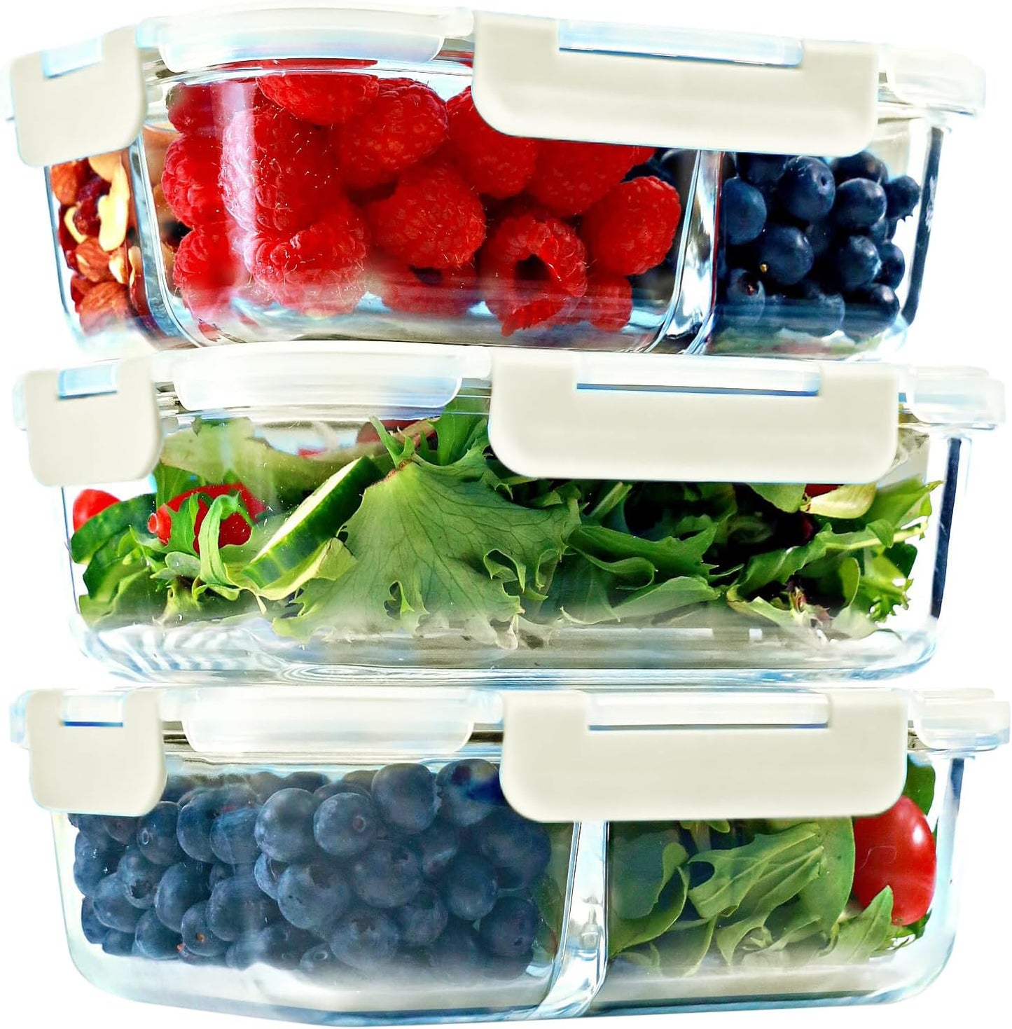 FIT Strong & Healthy 2 and 3 Compartment Glass Meal Prep Containers – Glass Bento Box for Adults, Portion Control, Food Storage, Lunch Container, Oven & Freezer Safe, Leak-Proof, 32 oz, Gray, 4 Pack