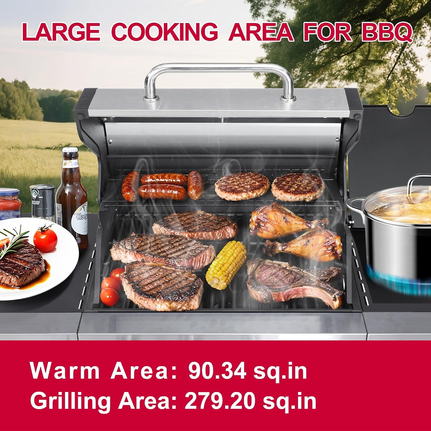 6-Burner BBQ Grill with Side Burner - 69,000 BTU Propane Gas Grill with Cast Iron Grate, Stainless Steel - 620 Sq. In. Cooking Area Cabinet Style Outdoor Grill for Barbecue & Backyard
