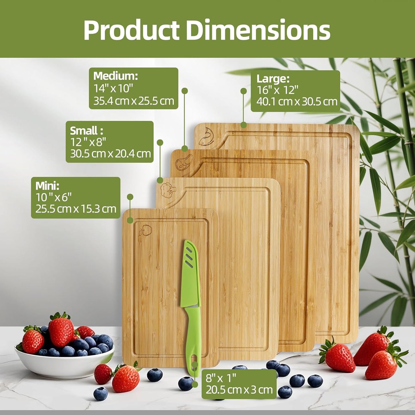 Wood Cutting Board Set of 4, Wooden Chopping Boards with Food Icons for Kitchen, Charcuterie Board for Meat, Vegetables, Fruits, Cheese