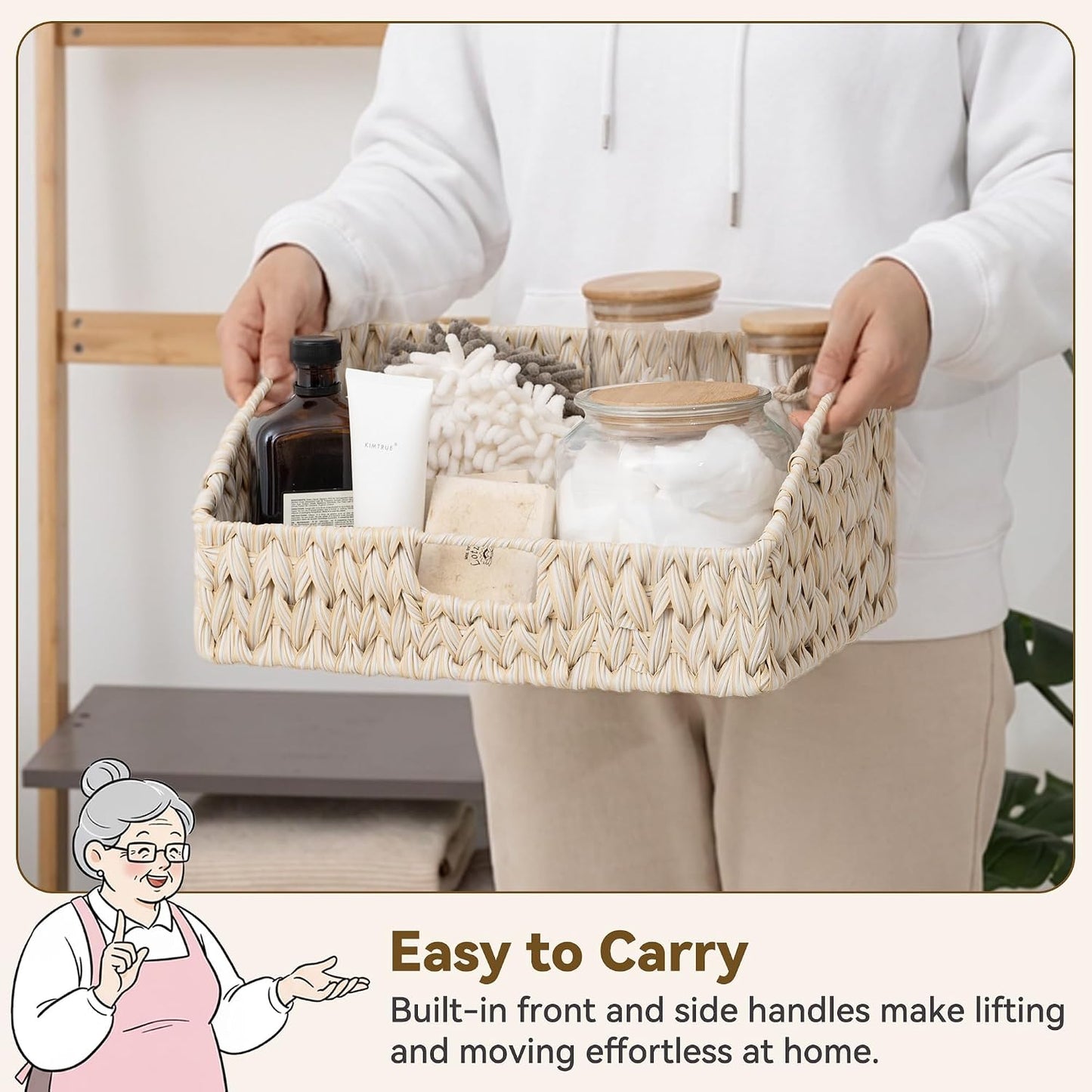 GRANNY SAYS Wicker Storage Baskets for Shelves, Trapezoid Woven Basket with Handles, Storage Wicker Baskets for Pantry, Water Hyacinth, 2-Pack