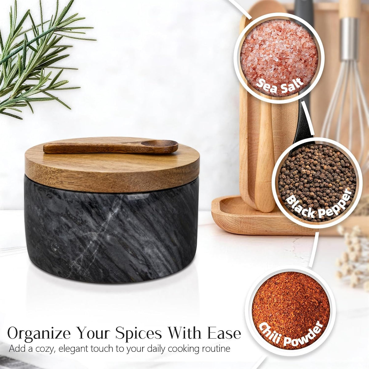 Marble Salt Cellar with Lid & Spoon, Salt Container, Salt Holder