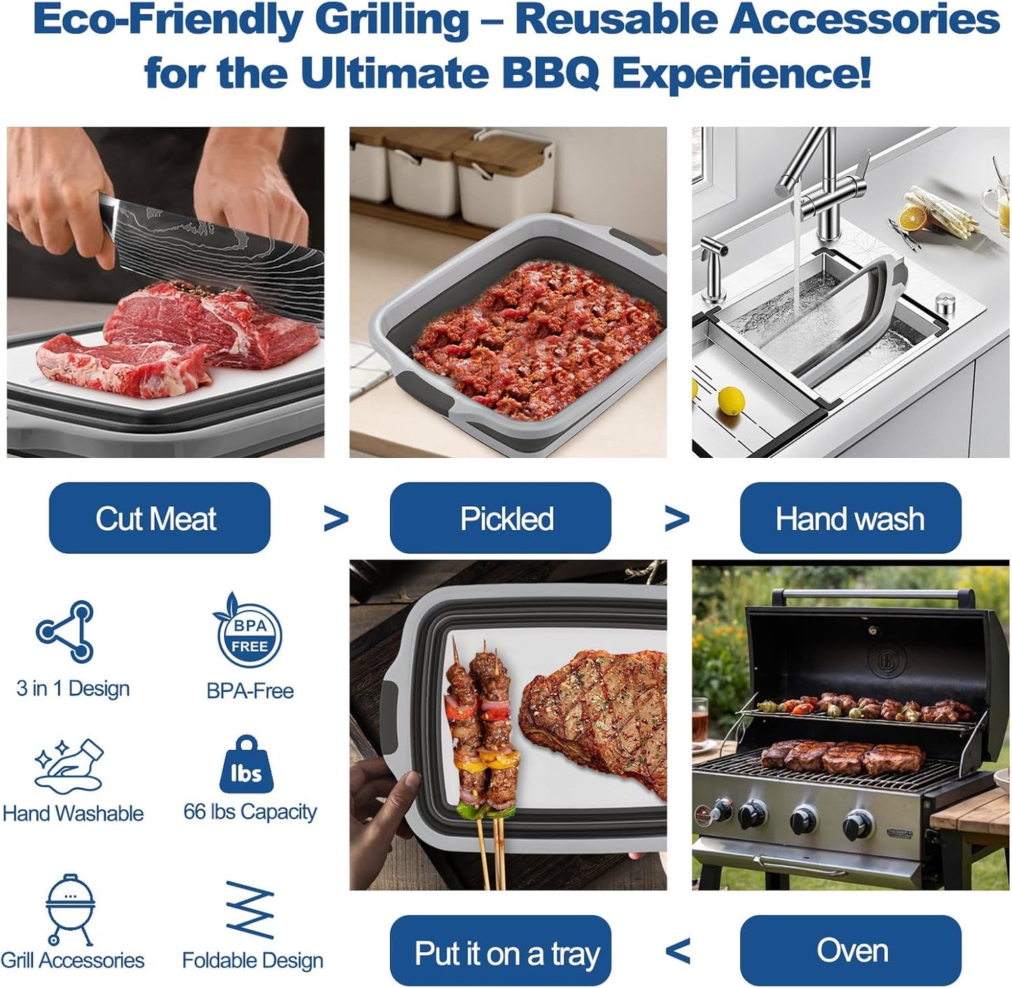 Collapsible BBQ Prep Tub with Cutting Board & Lid - XXL 7.95 Gal / 66 lb - Reusable Grilling Accessories - BPA-Free, Hand Wash (Drain Hole) - Outdoor, Boating, Hunting - Gift for Men